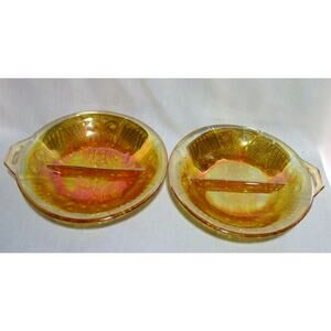 Two Carnival Glass Divided and Footed Relish Trays Handles Opalescent Marigold
